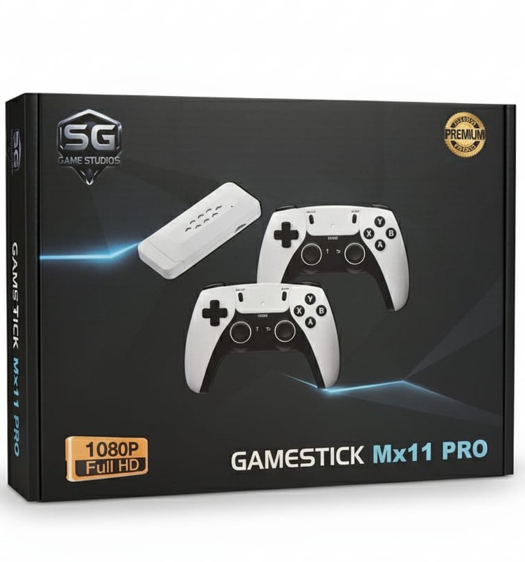 GameStick Mx11 Pro retro gaming console with wireless controllers